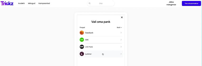 Välj din bank för snabba insättningar Trickz